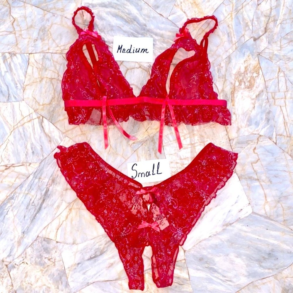 2 Pc Lingerie Sexy Little Things Set Small Crochless Panty + Medium Lace Tie Top